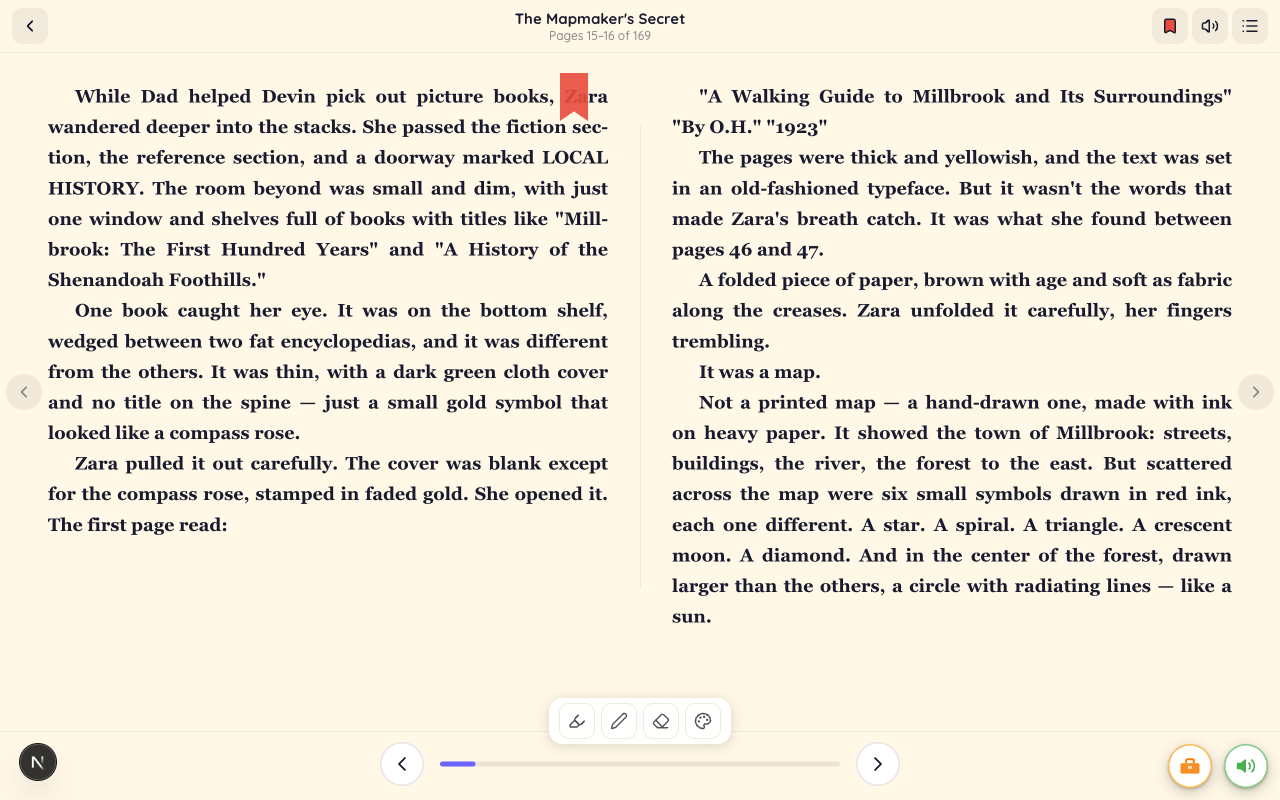 The library reader open to a two-page spread of The Mapmaker's Secret, with annotation toolbar and read-aloud controls
